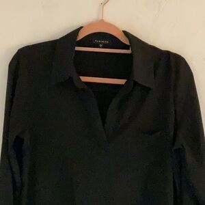 Pleione V-Neck Collared Long Sleeve Blouse, Size S, Black